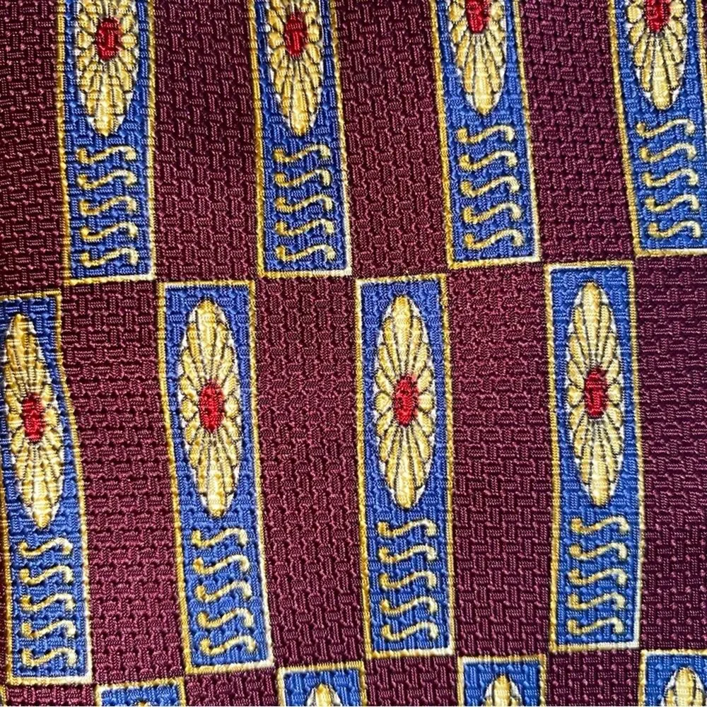 Christian Dior Vintage 100% Silk Art Deco Print Tie Burgundy Blue Gold Medallion